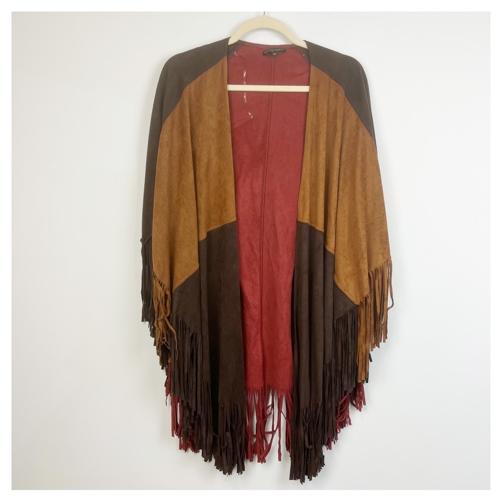 Alberto Makali Faux Suede Fringed Cape‎ Artsy Western Prairie Color Block